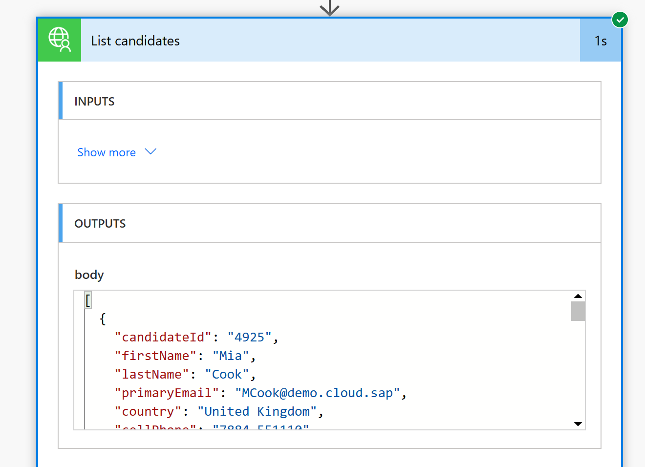 Power Automate screenshot showing the successful SAP SuccessFactors List candidates action with JSON output