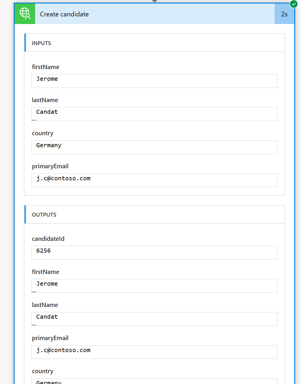 Power Automate screenshot showing the successful SAP SuccessFactors Create candidate action